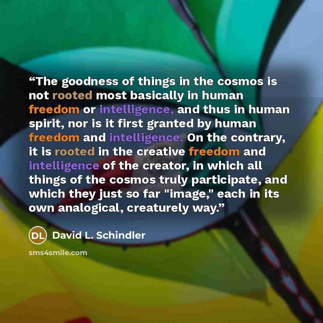 “The goodness of things in the cosmos is not rooted most basically in human freedom or intelligence, and thus in human spirit, nor is it first granted by human freedom and intelligence. On the contrary, it is rooted in the creative freedom and intelligence of the creator, in which all things of the…” quote by David L. Schindler