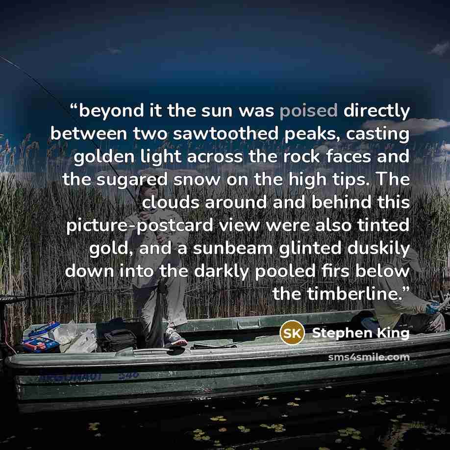“beyond it the sun was poised directly between two sawtoothed peaks, casting golden light across the rock faces and the sugared snow on the high tips. The clouds around and behind this picture-postcard view were also tinted gold, and a sunbeam glinted duskily down into the darkly pooled firs below…” quote by Stephen King