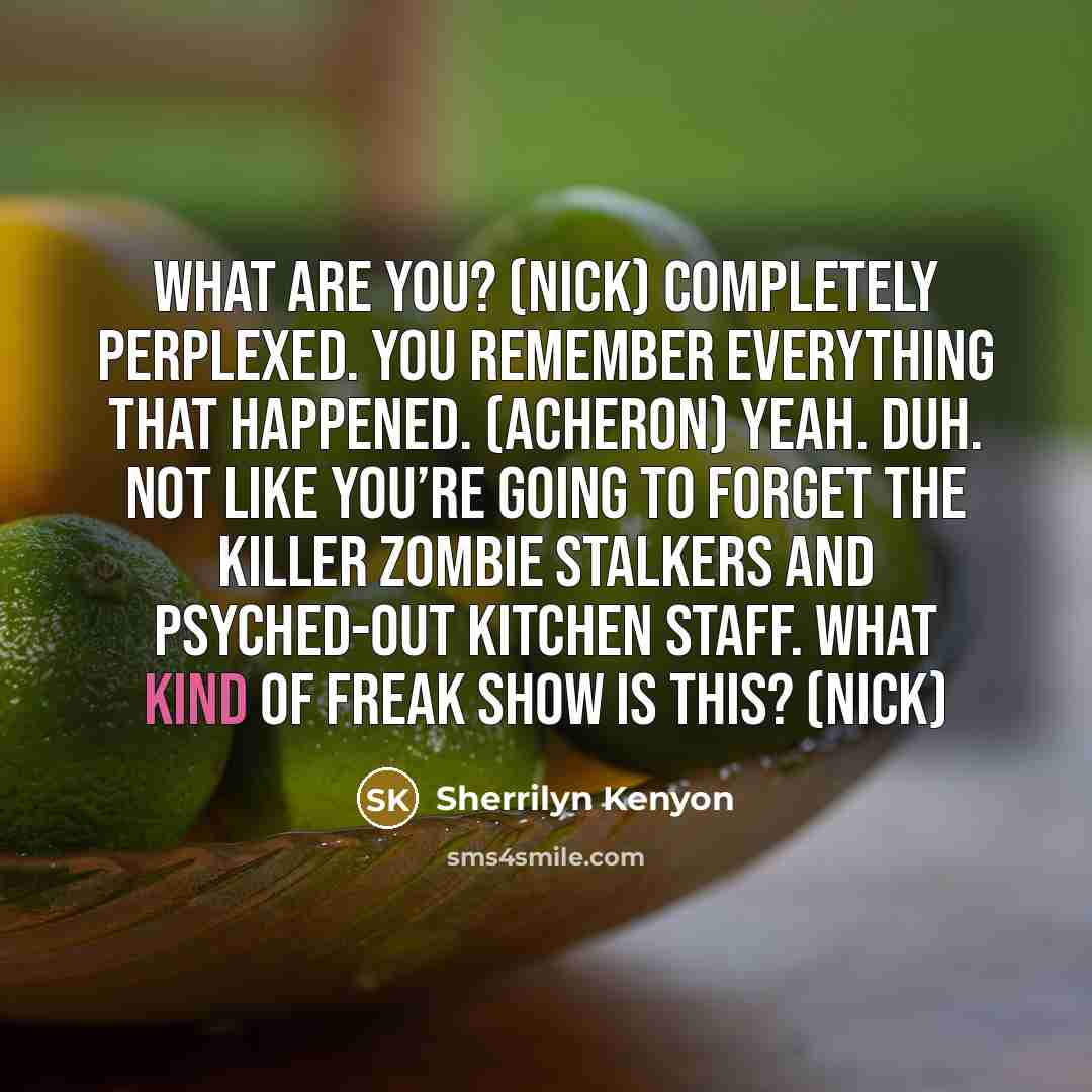 “What are you? (Nick) Completely perplexed. You remember everything that happened. (Acheron) Yeah. Duh. Not like you’re going to forget the killer zombie stalkers and psyched-out kitchen staff. What kind of freak show is this? (Nick)” quote by Sherrilyn Kenyon
