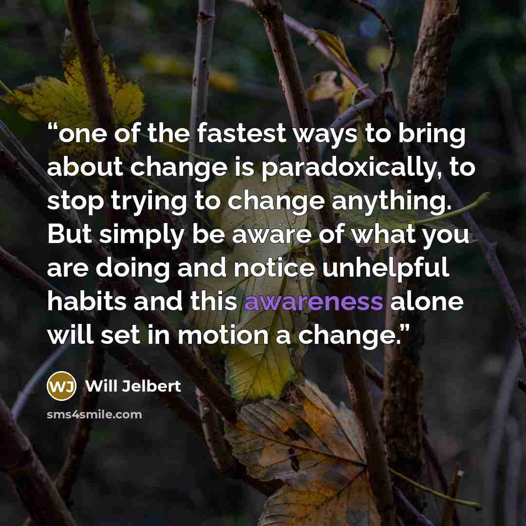 “one of the fastest ways to bring about change is paradoxically, to stop trying to change anything. But simply be aware of what you are doing and notice unhelpful habits and this awareness alone will set in motion a change.” quote by Will Jelbert