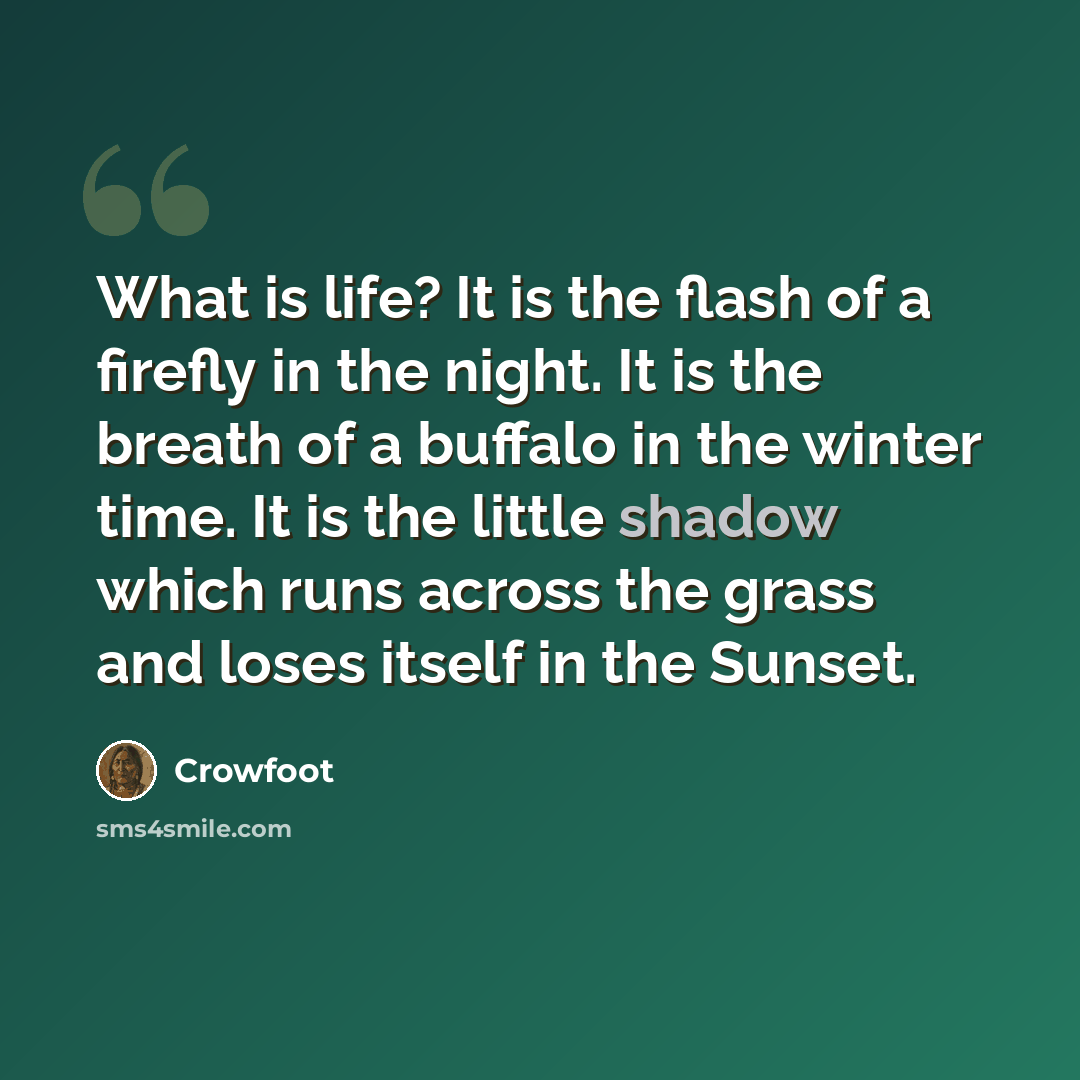 “What is life? It is the flash of a firefly in the night. It is the breath of a buffalo in the winter time. It is the little shadow which runs across the grass and loses itself in the Sunset.” quote by Crowfoot