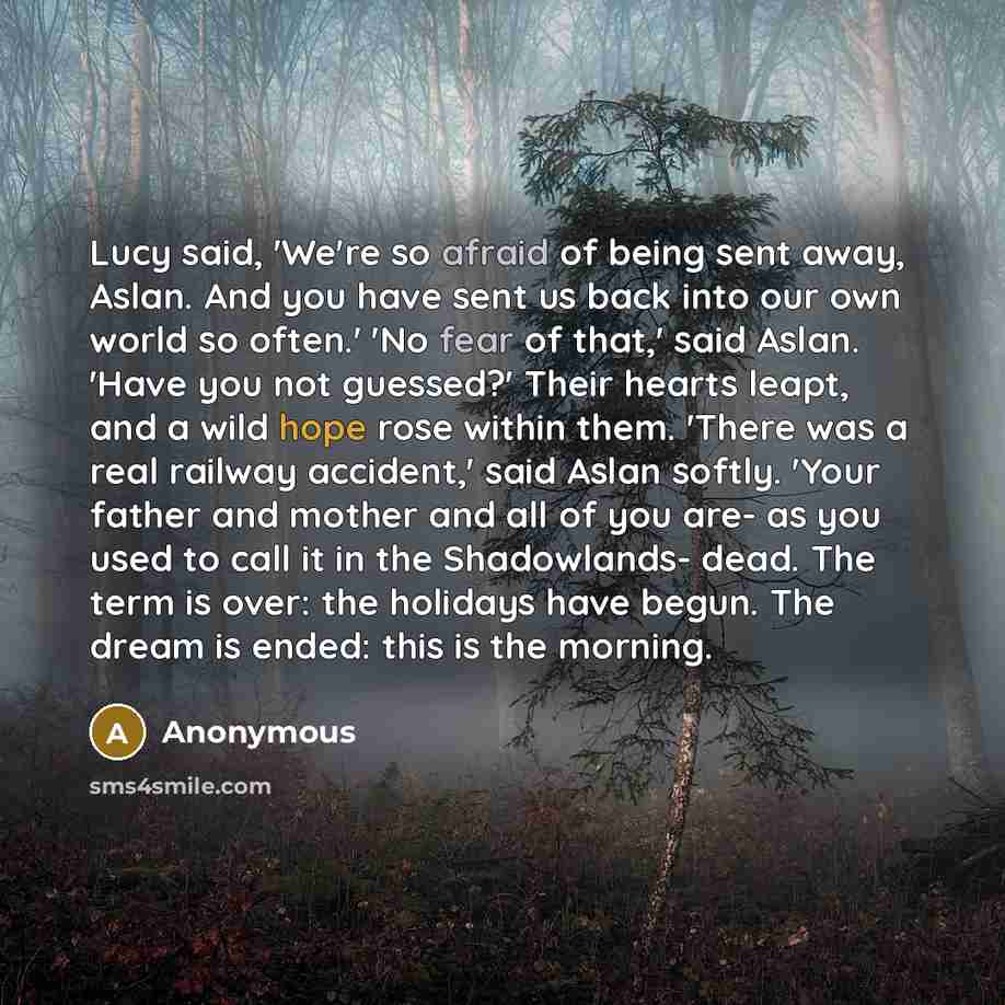 “Lucy said, 'We're so afraid of being sent away, Aslan. And you have sent us back into our own world so often.' 'No fear of that,' said Aslan. 'Have you not guessed?' Their hearts leapt, and a wild hope rose within them. 'There was a real railway accident,' said Aslan softly. 'Your father and…” quote by Anonymous