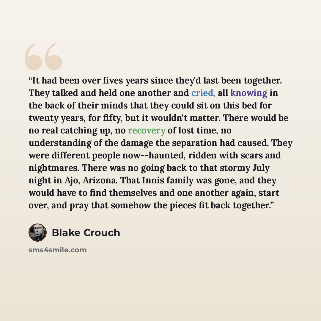 “It had been over fives years since they'd last been together. They talked and held one another and cried, all knowing in the back of their minds that they could sit on this bed for twenty years, for fifty, but it wouldn't matter. There would be no real catching up, no recovery of lost time, no…” quote by Blake Crouch