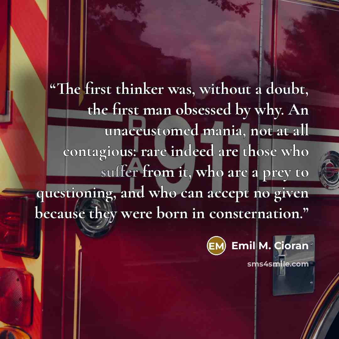 “The first thinker was, without a doubt, the first man obsessed by why. An unaccustomed mania, not at all contagious: rare indeed are those who suffer from it, who are a prey to questioning, and who can accept no given because they were born in consternation.” quote by Emil M. Cioran