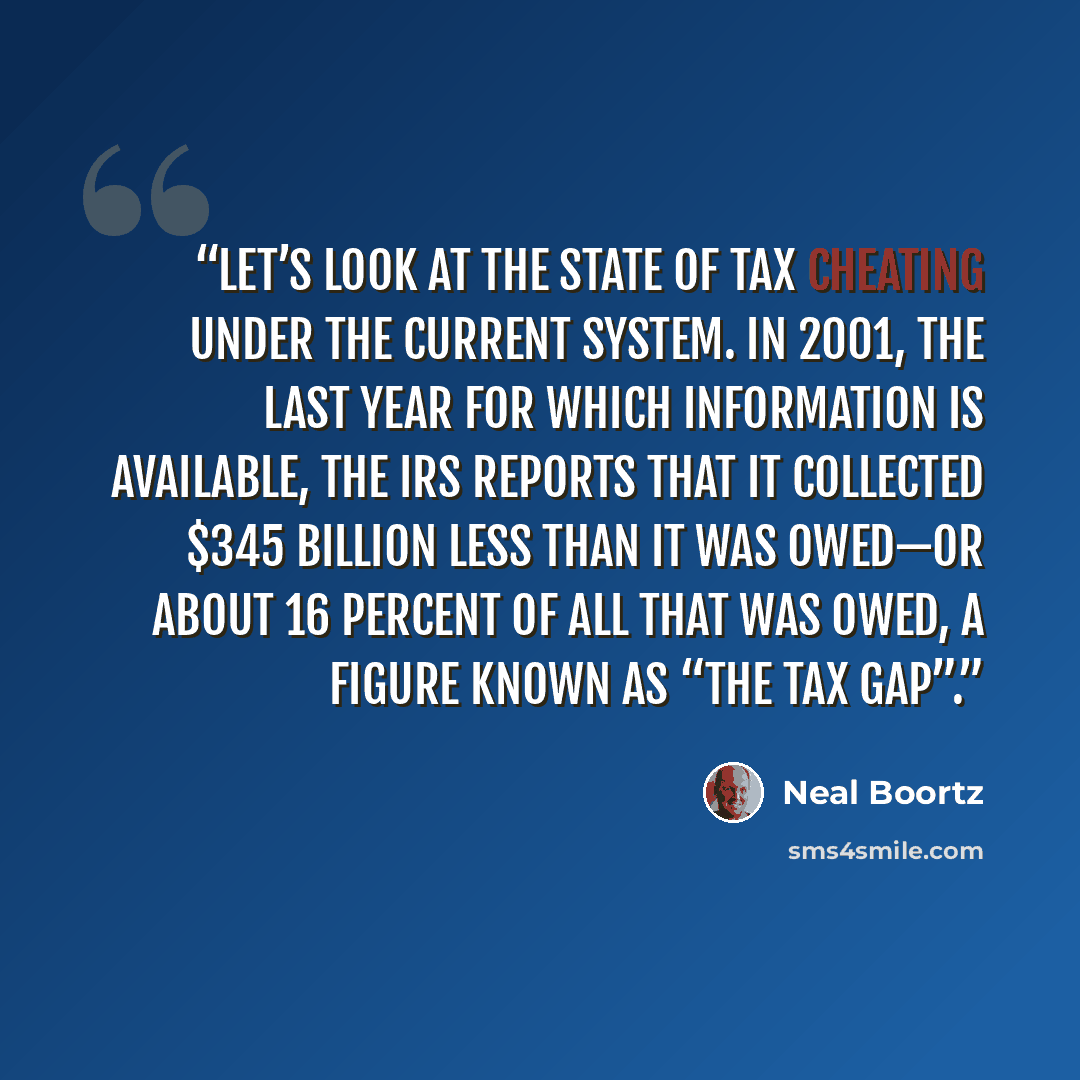 “Let’s look at the state of tax cheating under the current system. In 2001, the last year for which information is available, the IRS reports that it collected $345 billion less than it was owed—or about 16 percent of all that was owed, a figure known as “the tax gap”.” quote by Neal Boortz