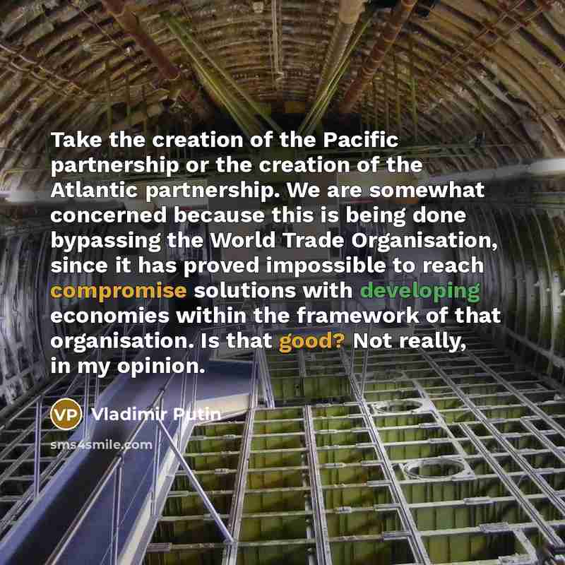 “Take the creation of the Pacific partnership or the creation of the Atlantic partnership. We are somewhat concerned because this is being done bypassing the World Trade Organisation, since it has proved impossible to reach compromise solutions with developing economies within the framework of that…” quote by Vladimir Putin