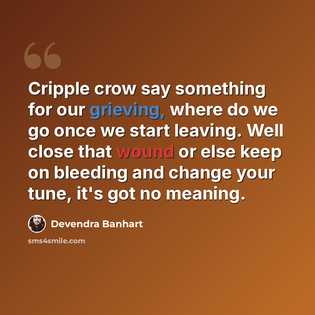 “Cripple crow say something for our grieving, where do we go once we start leaving. Well close that wound or else keep on bleeding and change your tune, it's got no meaning.” quote by Devendra Banhart