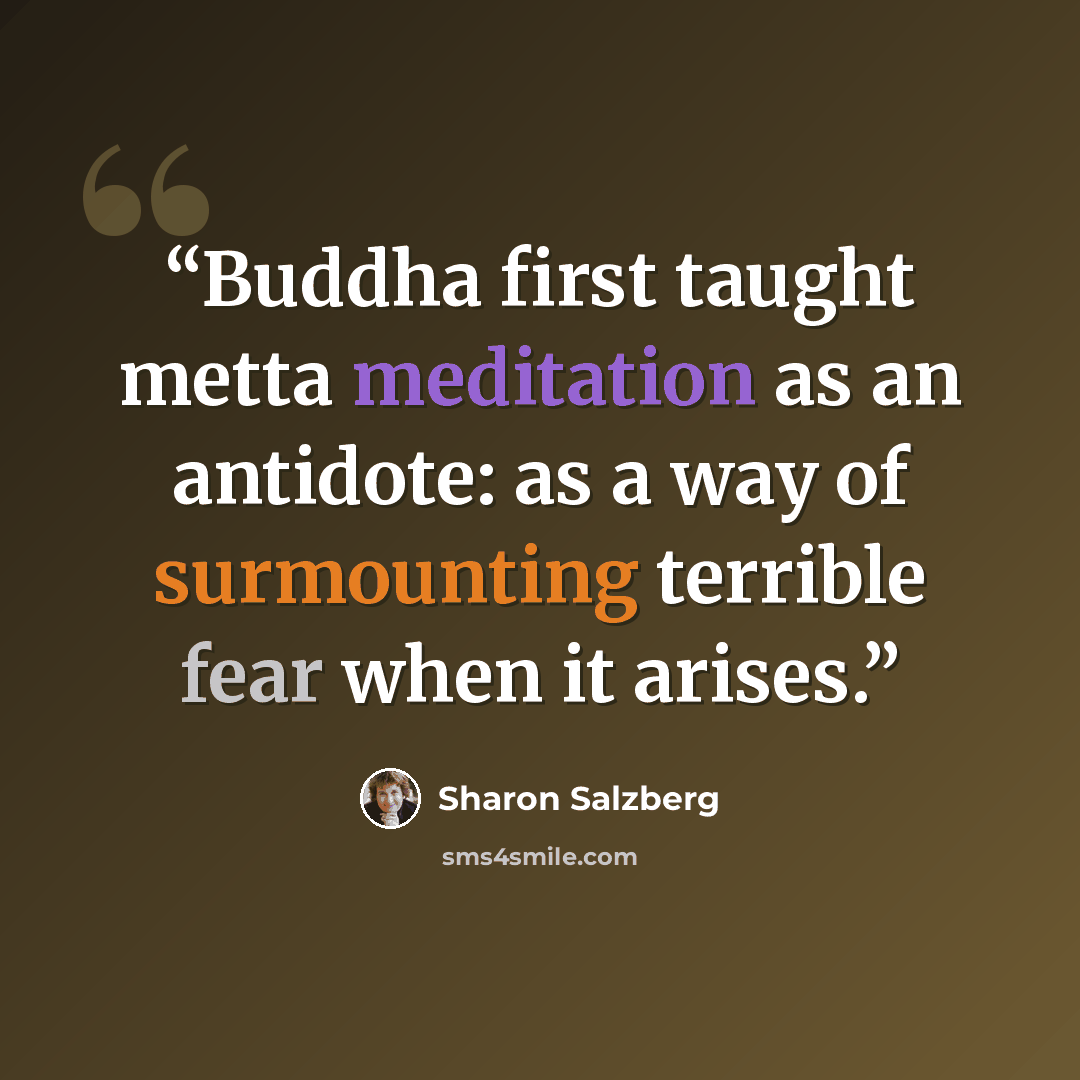 “Buddha ﬁrst taught metta meditation as an antidote: as a way of surmounting terrible fear when it arises.” quote by Sharon Salzberg