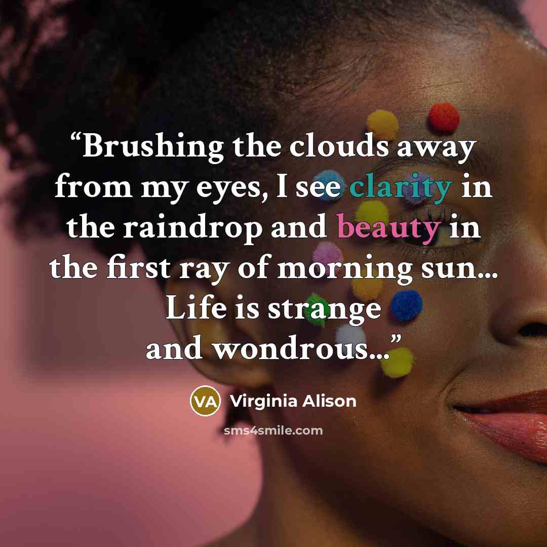 “Brushing the clouds away from my eyes, I see clarity in the raindrop and beauty in the first ray of morning sun... Life is strange and wondrous...” quote by Virginia Alison