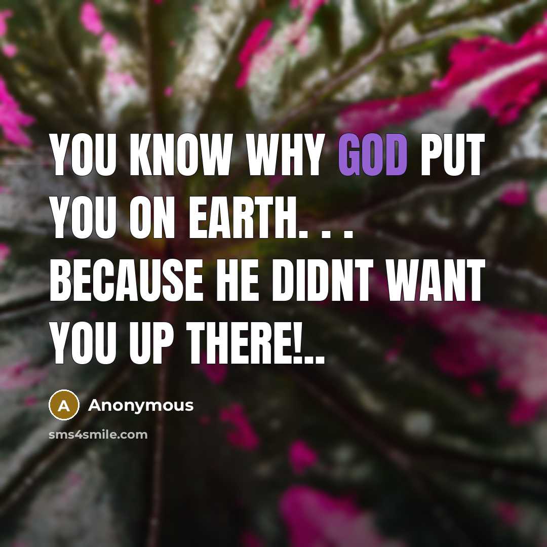 “You know why God put you on earth. . . because he didnt want you up there!..” quote by Anonymous