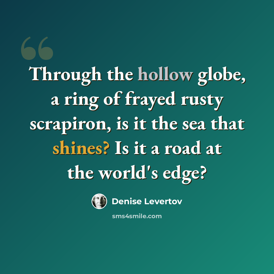 “Through the hollow globe, a ring of frayed rusty scrapiron, is it the sea that shines? Is it a road at the world's edge?” quote by Denise Levertov