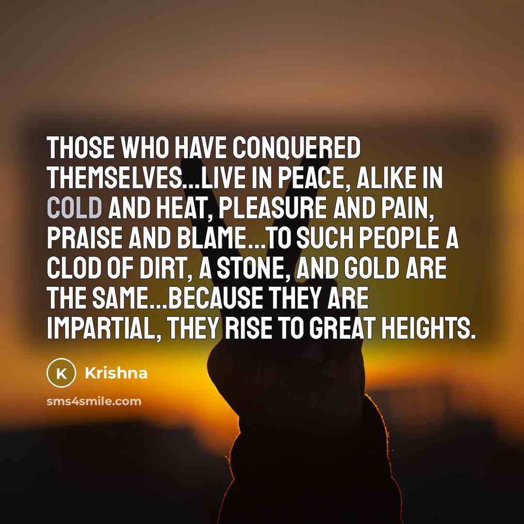 “Those who have conquered themselves...live in peace, alike in cold and heat, pleasure and pain, praise and blame...To such people a clod of dirt, a stone, and gold are the same...Because they are impartial, they rise to great heights.” quote by Krishna