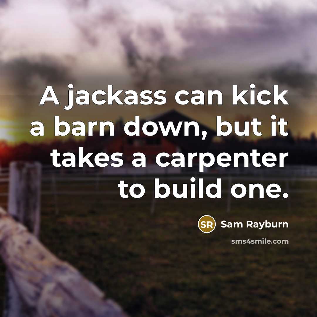 “A jackass can kick a barn down, but it takes a carpenter to build one.” quote by Sam Rayburn