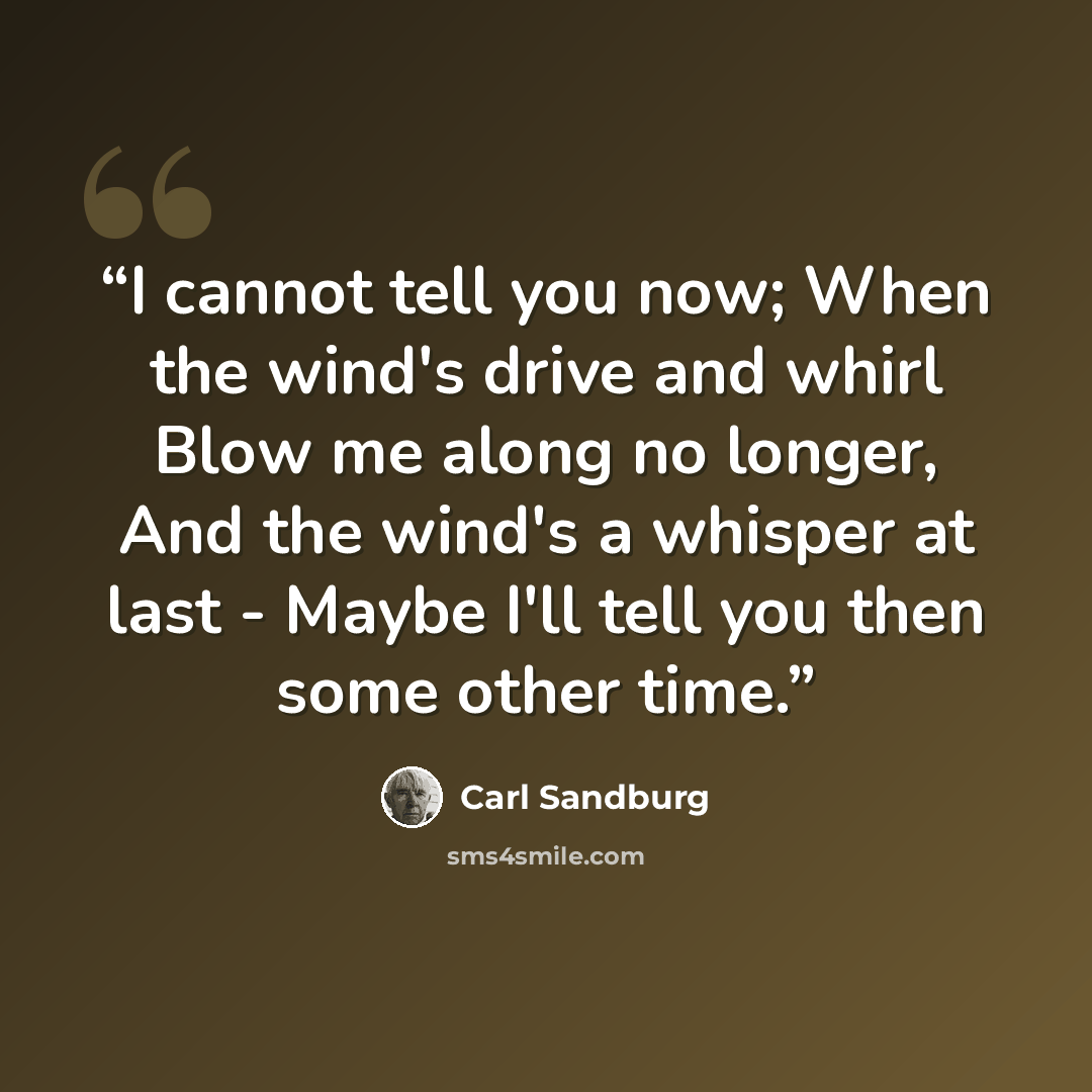 “I cannot tell you now; When the wind's drive and whirl Blow me along no longer, And the wind's a whisper at last - Maybe I'll tell you then some other time.” quote by Carl Sandburg