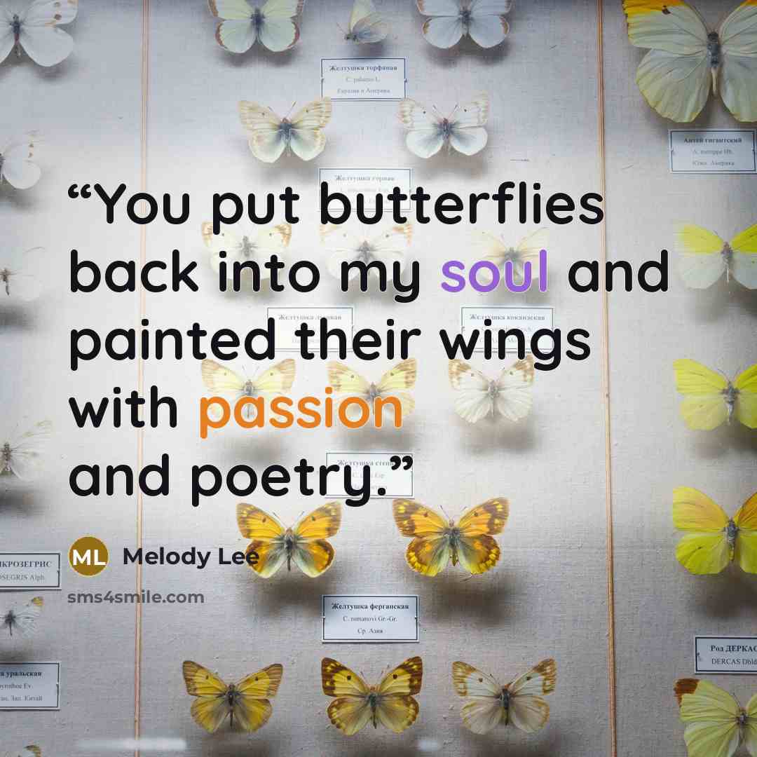 “You put butterflies back into my soul and painted their wings with passion and poetry.” quote by Melody Lee