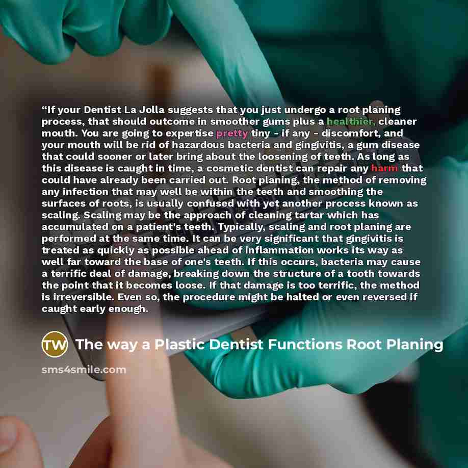 ““If your Dentist La Jolla suggests that you just undergo a root planing process, that should outcome in smoother gums plus a healthier, cleaner mouth. You are going to expertise pretty tiny - if any - discomfort, and your mouth will be rid of hazardous bacteria and gingivitis, a gum disease that…” quote by The way a Plastic Dentist Functions Root Planing