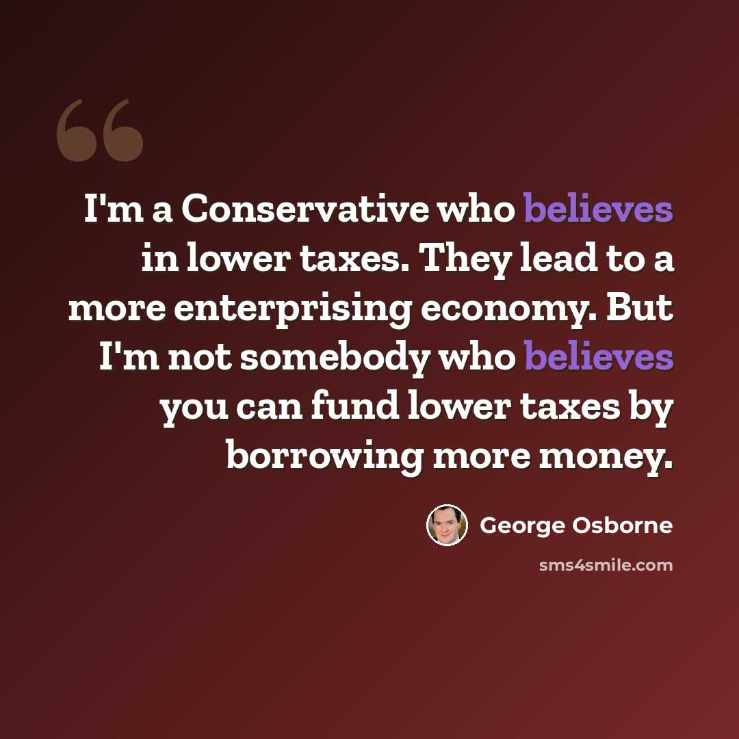 “I'm a Conservative who believes in lower taxes. They lead to a more enterprising economy. But I'm not somebody who believes you can fund lower taxes by borrowing more money.” quote by George Osborne