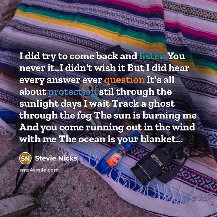 “I did try to come back and listen You never it..I didn't wish it But I did hear every answer ever question It's all about protection stil through the sunlight days I wait Track a ghost through the fog The sun is burning me And you come running out in the wind with me The ocean is your blanket...” quote by Stevie Nicks