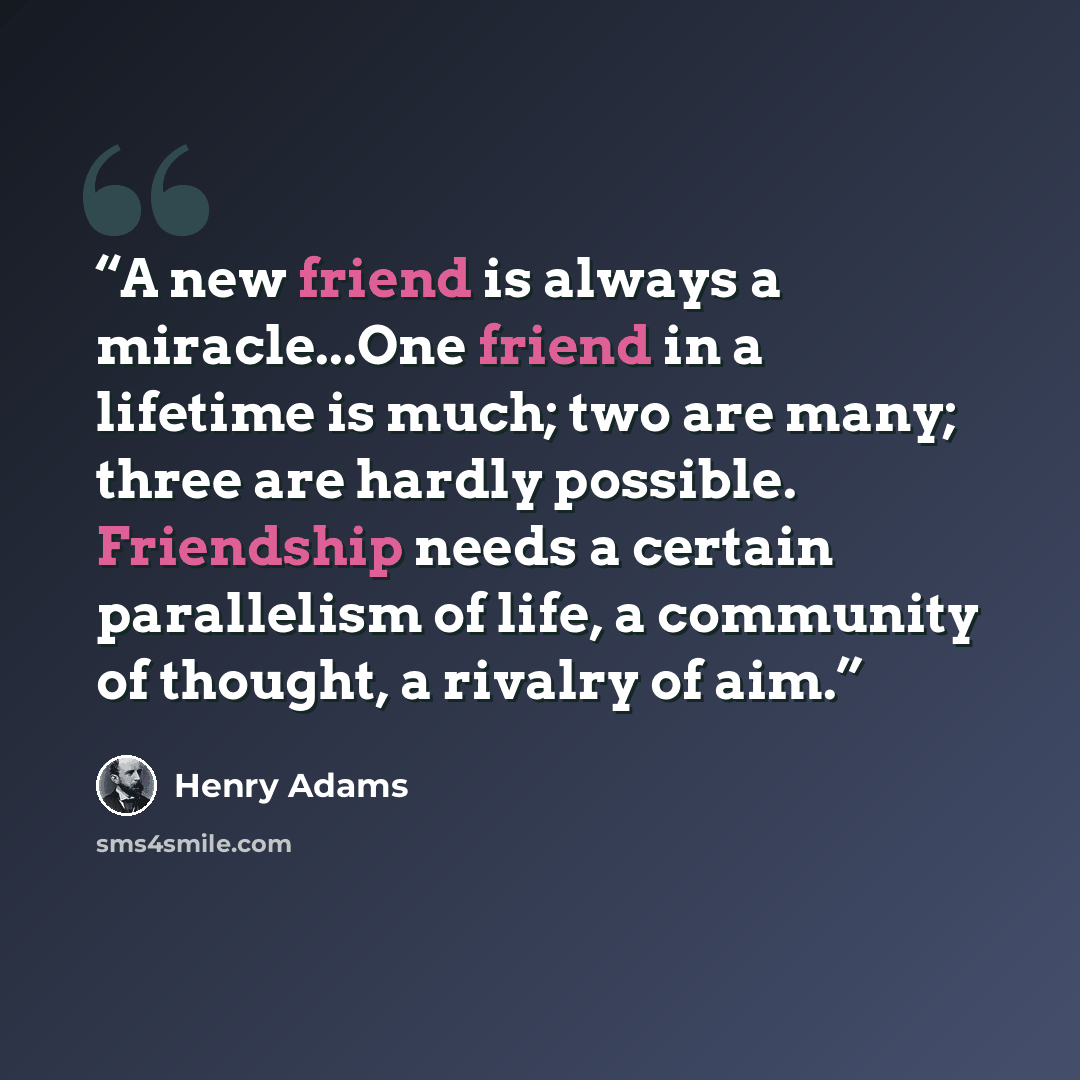 “A new friend is always a miracle...One friend in a lifetime is much; two are many; three are hardly possible. Friendship needs a certain parallelism of life, a community of thought, a rivalry of aim.” quote by Henry Adams
