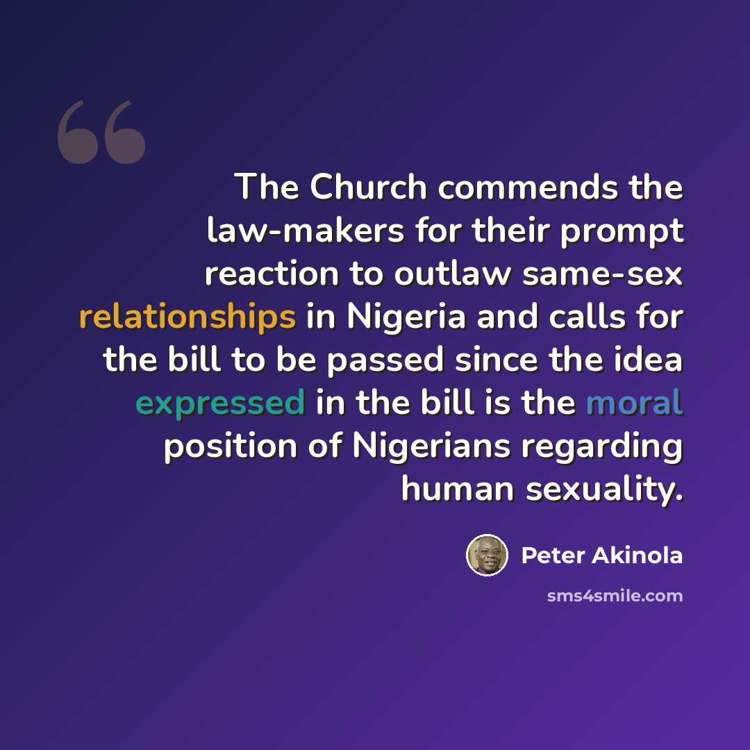 “The Church commends the law-makers for their prompt reaction to outlaw same-sex relationships in Nigeria and calls for the bill to be passed since the idea expressed in the bill is the moral position of Nigerians regarding human sexuality.” quote by Peter Akinola