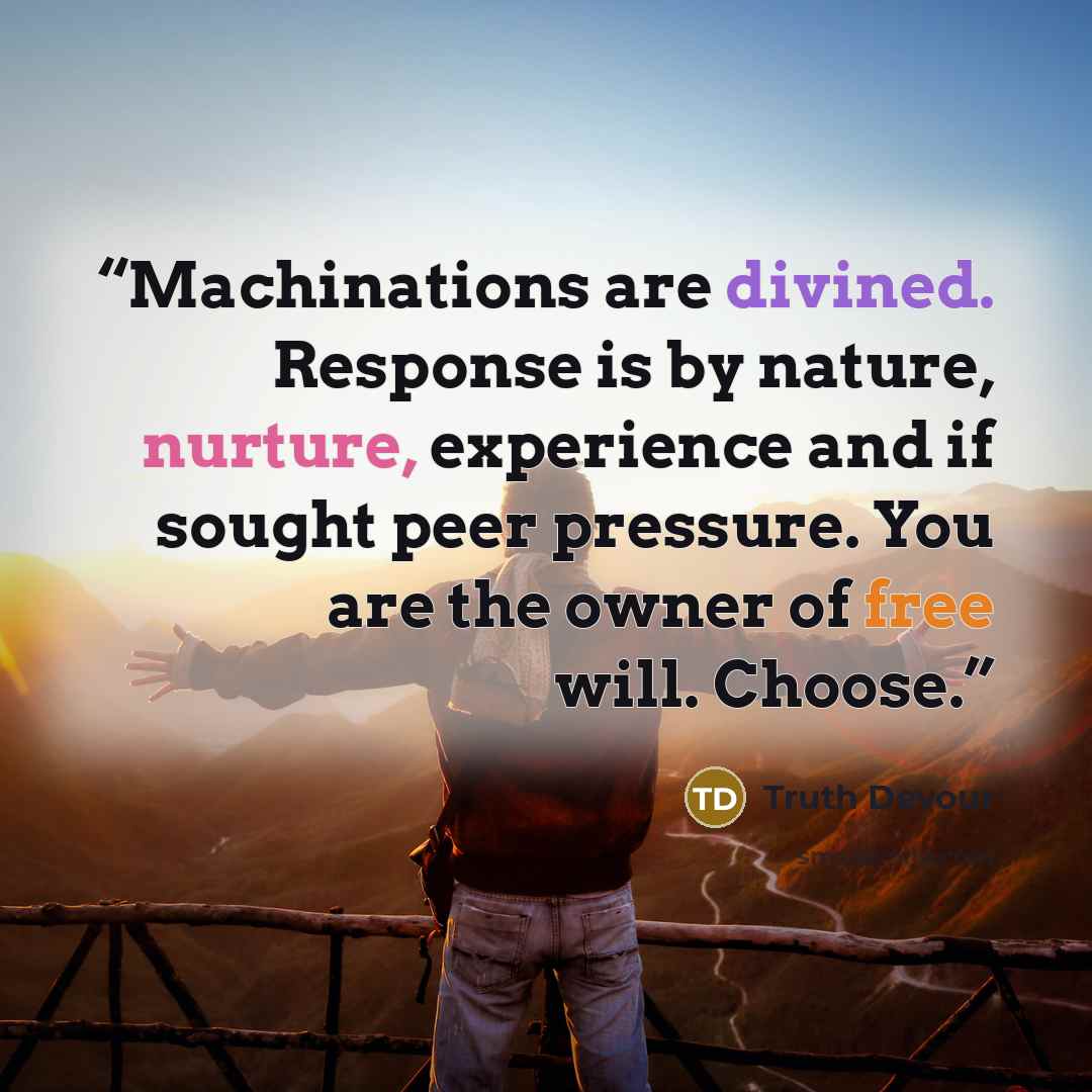 “Machinations are divined. Response is by nature, nurture, experience and if sought peer pressure. You are the owner of free will. Choose.” quote by Truth Devour