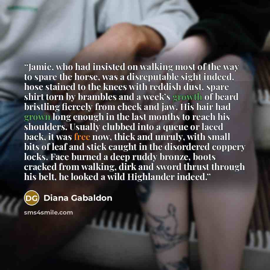 “Jamie, who had insisted on walking most of the way to spare the horse, was a disreputable sight indeed, hose stained to the knees with reddish dust, spare shirt torn by brambles and a week’s growth of beard bristling fiercely from cheek and jaw. His hair had grown long enough in the last months to…” quote by Diana Gabaldon