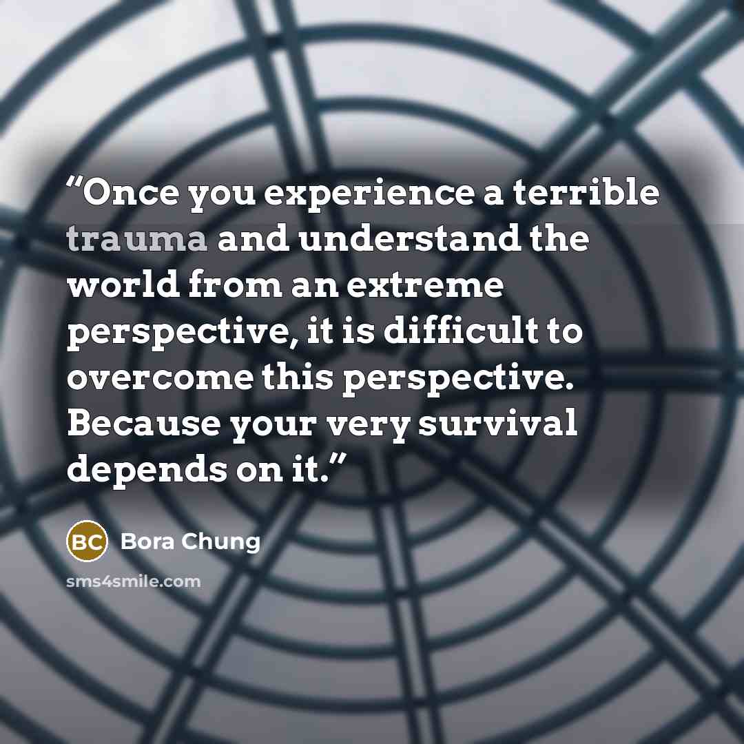 “Once you experience a terrible trauma and understand the world from an extreme perspective, it is difficult to overcome this perspective. Because your very survival depends on it.” quote by Bora Chung