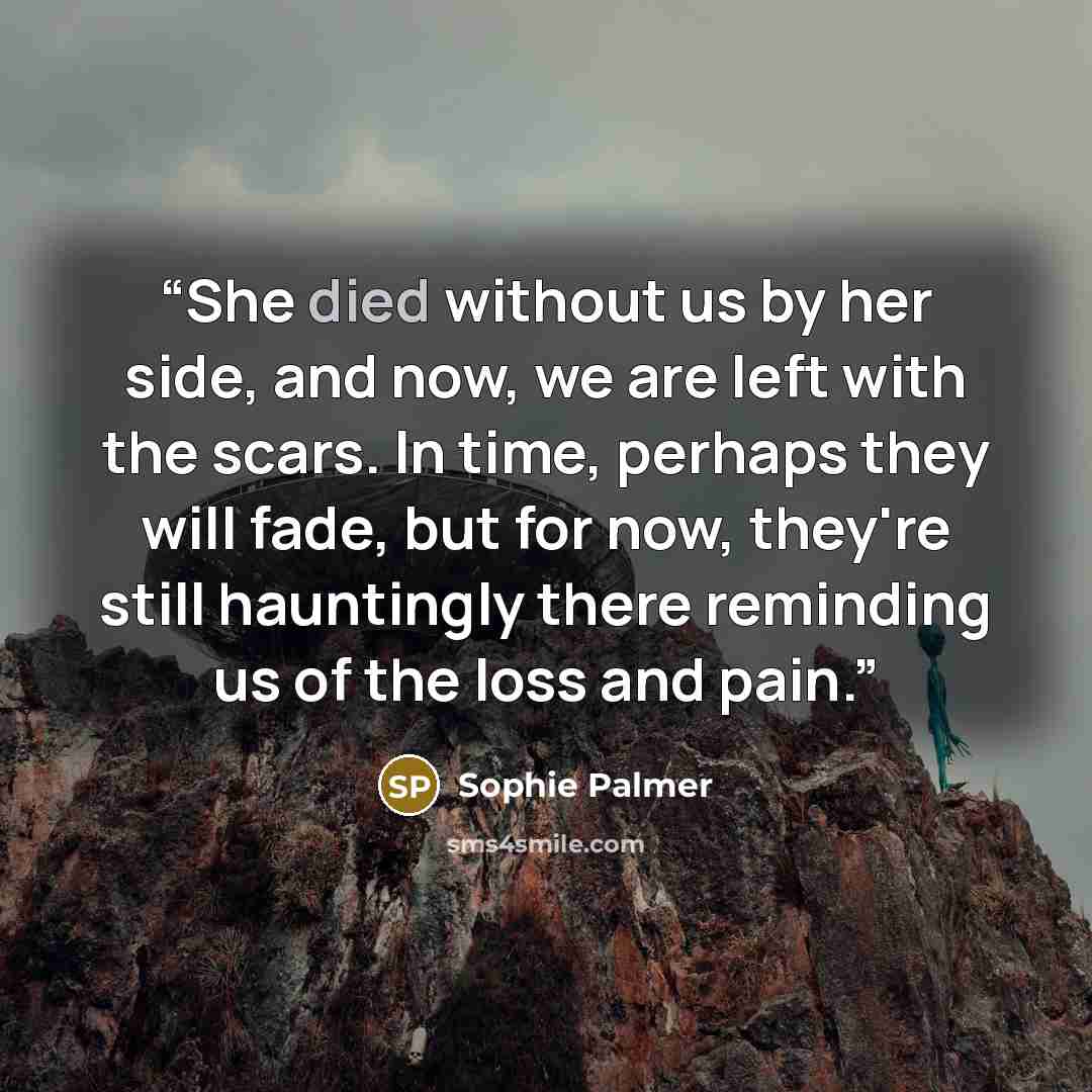 “She died without us by her side, and now, we are left with the scars. In time, perhaps they will fade, but for now, they're still hauntingly there reminding us of the loss and pain.” quote by Sophie Palmer