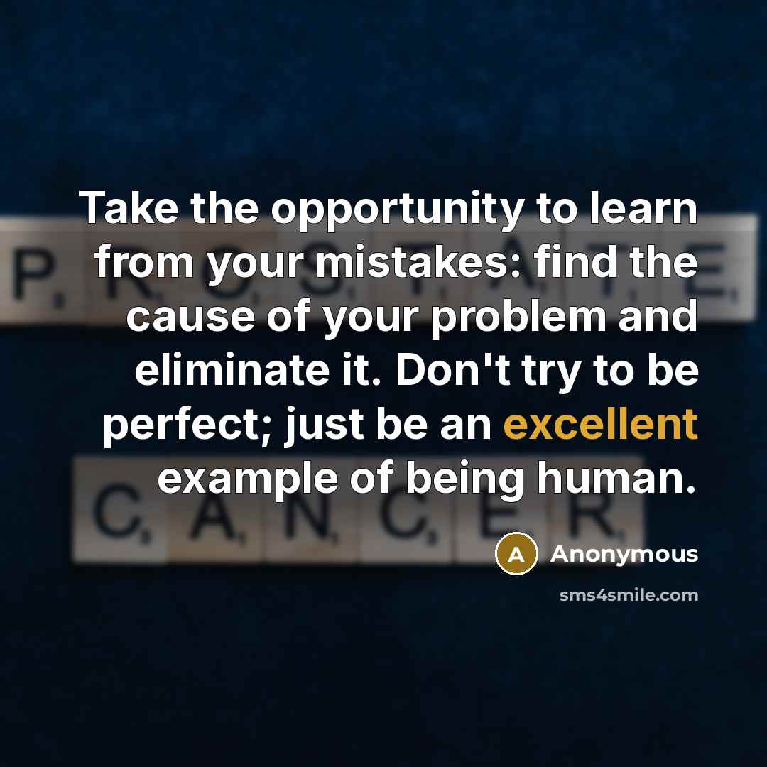 “Take the opportunity to learn from your mistakes: find the cause of your problem and eliminate it. Don't try to be perfect; just be an excellent example of being human.” quote by Anonymous