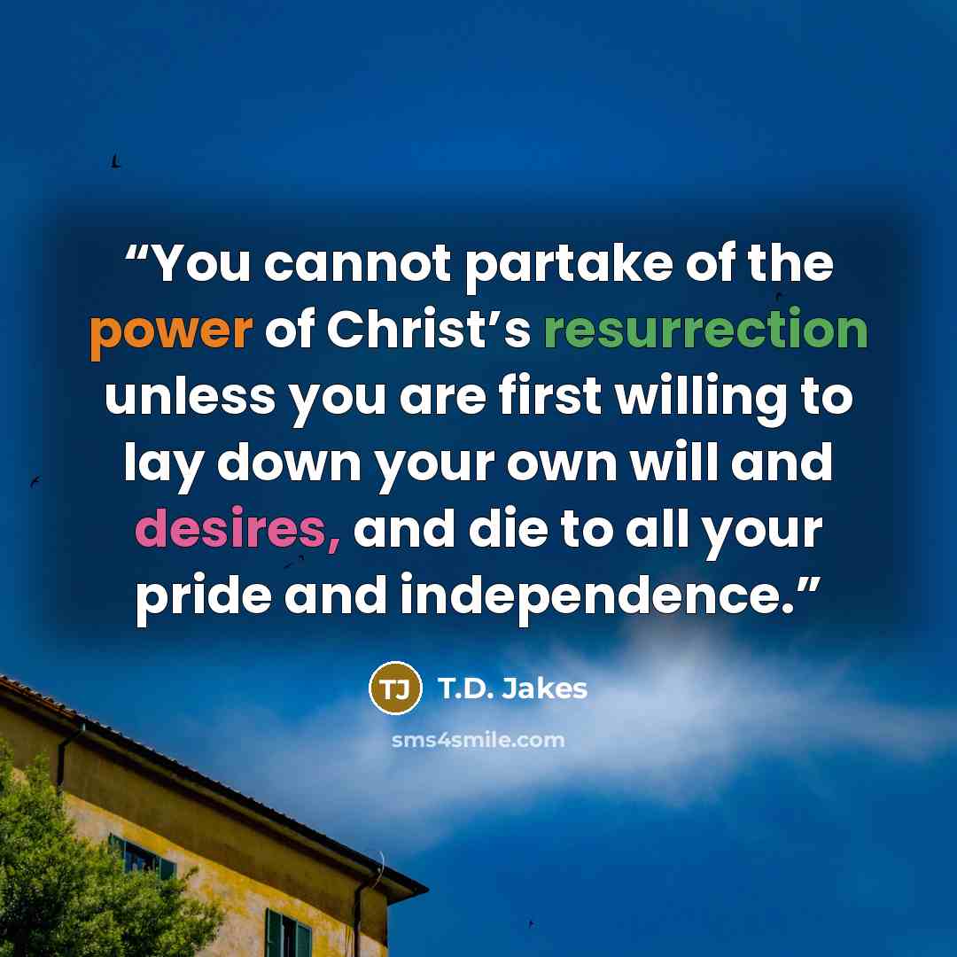 “You cannot partake of the power of Christ’s resurrection unless you are first willing to lay down your own will and desires, and die to all your pride and independence.” quote by T.D. Jakes