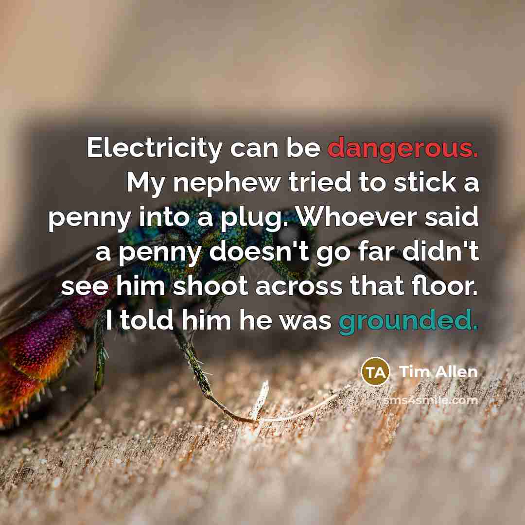 “Electricity can be dangerous. My nephew tried to stick a penny into a plug. Whoever said a penny doesn't go far didn't see him shoot across that floor. I told him he was grounded.” quote by Tim Allen