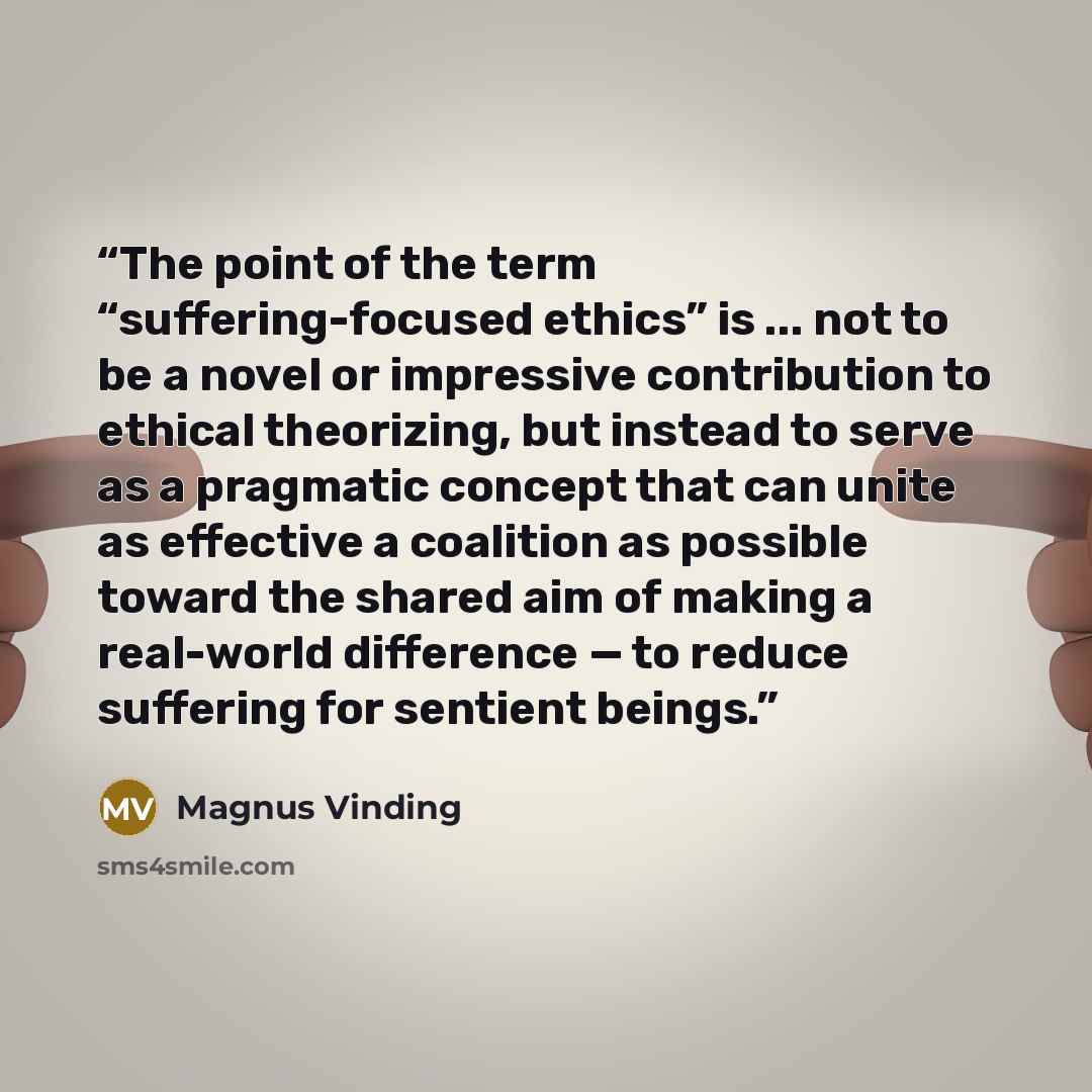 “The point of the term “suffering-focused ethics” is ... not to be a novel or impressive contribution to ethical theorizing, but instead to serve as a pragmatic concept that can unite as effective a coalition as possible toward the shared aim of making a real-world difference — to reduce suffering…” quote by Magnus Vinding