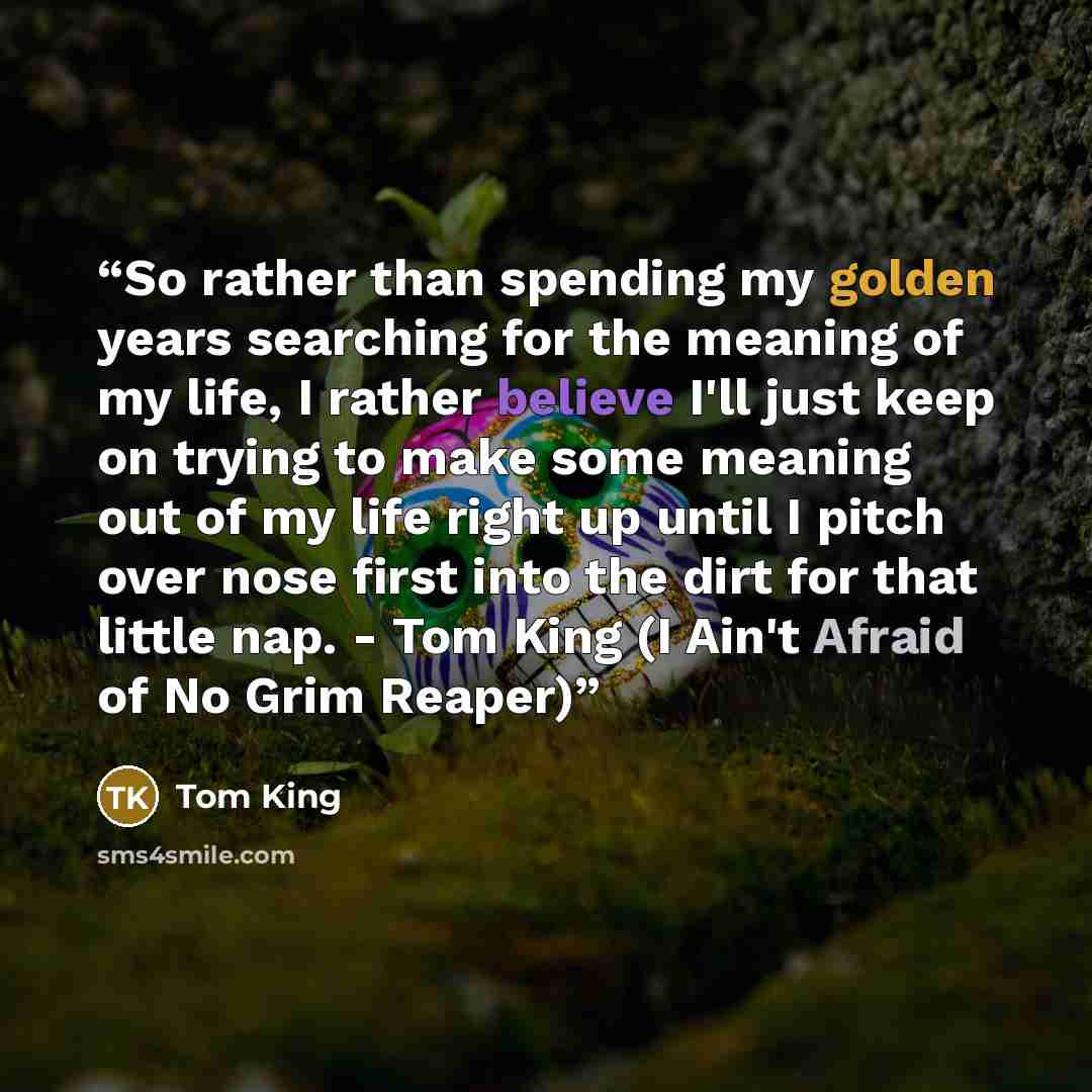 “So rather than spending my golden years searching for the meaning of my life, I rather believe I'll just keep on trying to make some meaning out of my life right up until I pitch over nose first into the dirt for that little nap. - Tom King (I Ain't Afraid of No Grim Reaper)” quote by Tom King