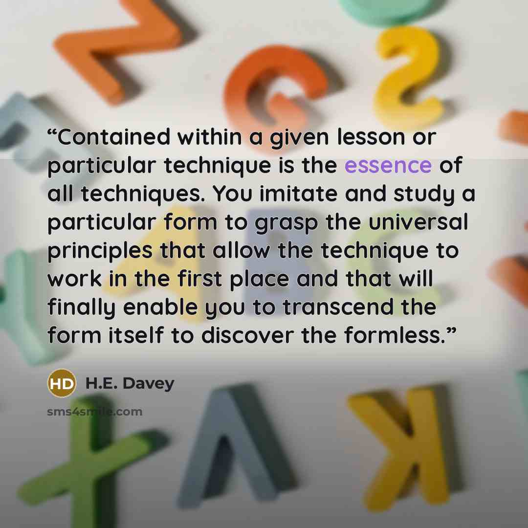 “Contained within a given lesson or particular technique is the essence of all techniques. You imitate and study a particular form to grasp the universal principles that allow the technique to work in the first place and that will finally enable you to transcend the form itself to discover the…” quote by H.E. Davey