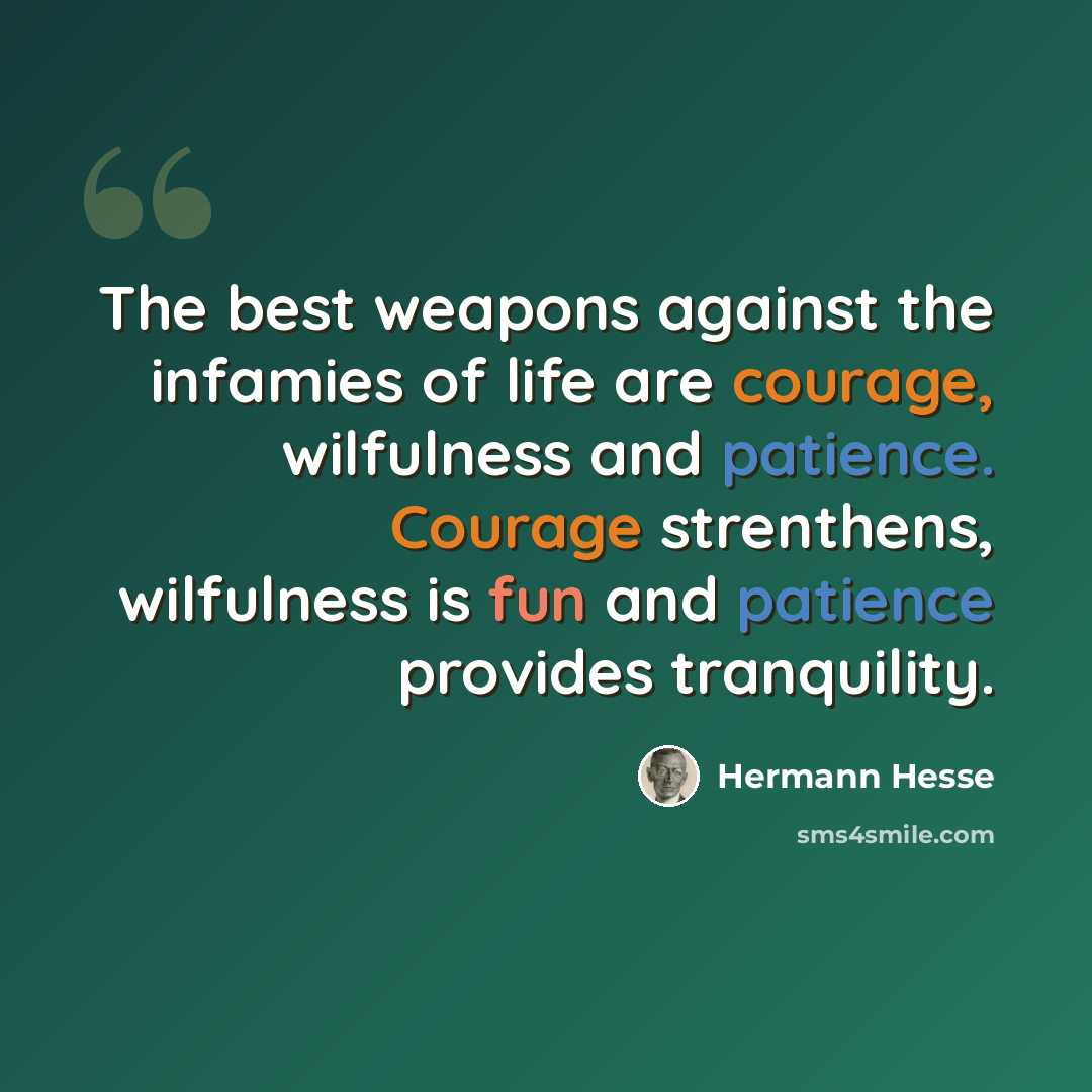 “The best weapons against the infamies of life are courage, wilfulness and patience. Courage strenthens, wilfulness is fun and patience provides tranquility.” quote by Hermann Hesse