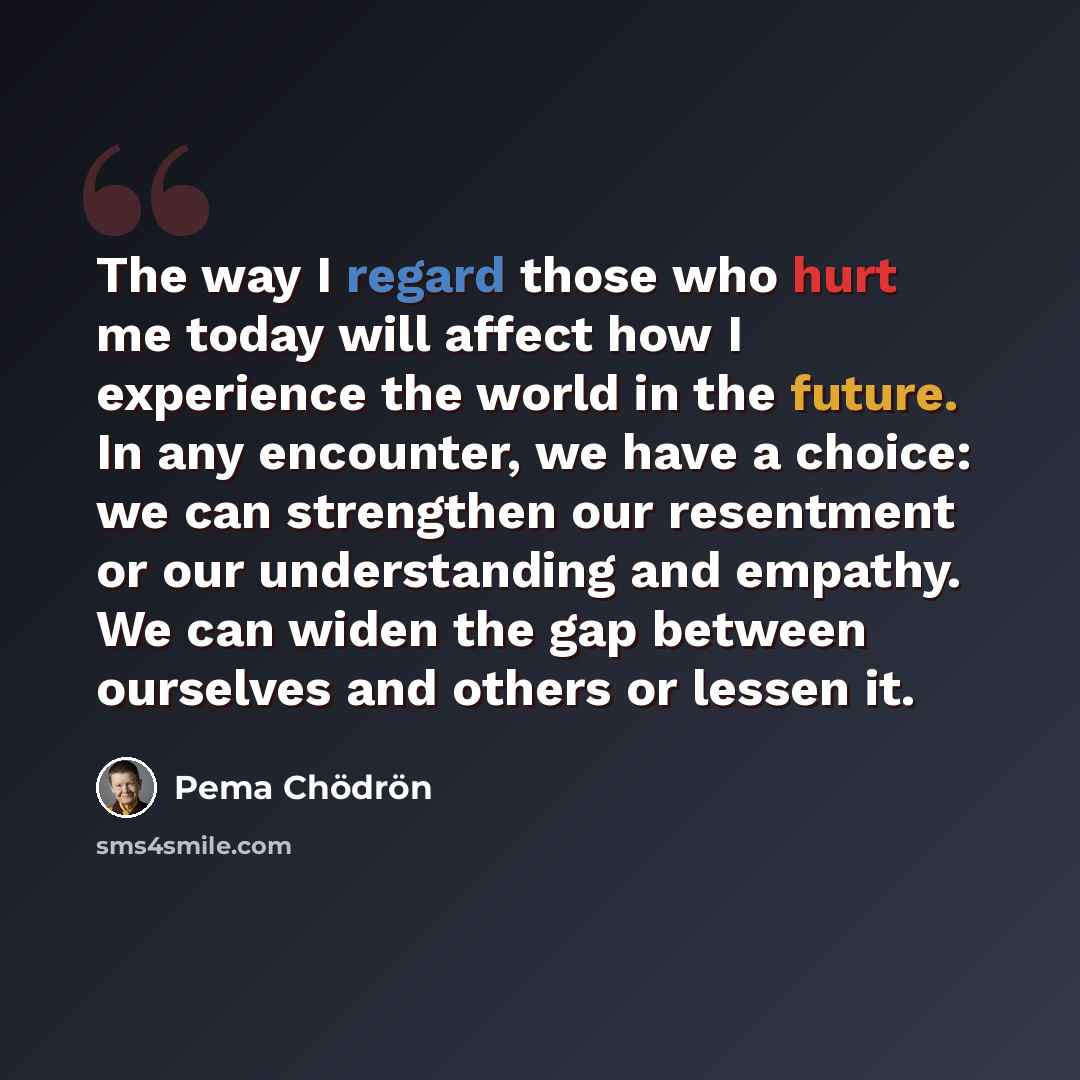 “The way I regard those who hurt me today will affect how I experience the world in the future. In any encounter, we have a choice: we can strengthen our resentment or our understanding and empathy. We can widen the gap between ourselves and others or lessen it.” quote by Pema Chodron