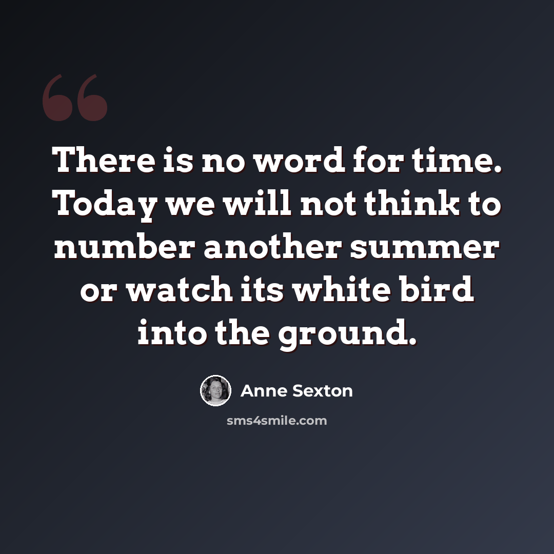 “There is no word for time. Today we will not think to number another summer or watch its white bird into the ground.” quote by Anne Sexton