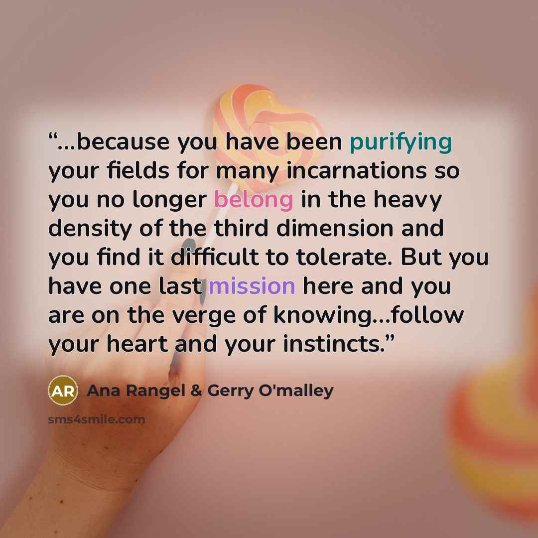 “...because you have been purifying your fields for many incarnations so you no longer belong in the heavy density of the third dimension and you find it difficult to tolerate. But you have one last mission here and you are on the verge of knowing…follow your heart and your instincts.” quote by Ana Rangel & Gerry O'malley