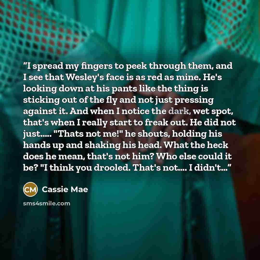 “I spread my fingers to peek through them, and I see that Wesley's face is as red as mine. He's looking down at his pants like the thing is sticking out of the fly and not just pressing against it. And when I notice the dark, wet spot, that's when I really start to freak out. He did not just……” quote by Cassie Mae