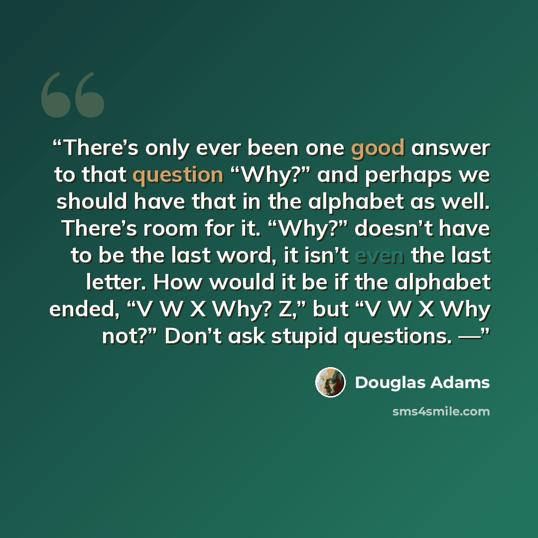 “There’s only ever been one good answer to that question “Why?” and perhaps we should have that in the alphabet as well. There’s room for it. “Why?” doesn’t have to be the last word, it isn’t even the last letter. How would it be if the alphabet ended, “V W X Why? Z,” but “V W X Why not?” Don’t ask…” quote by Douglas Adams