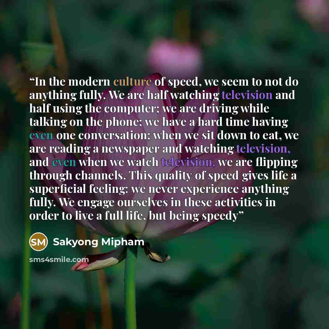 “In the modern culture of speed, we seem to not do anything fully. We are half watching television and half using the computer; we are driving while talking on the phone; we have a hard time having even one conversation; when we sit down to eat, we are reading a newspaper and watching television…” quote by Sakyong Mipham
