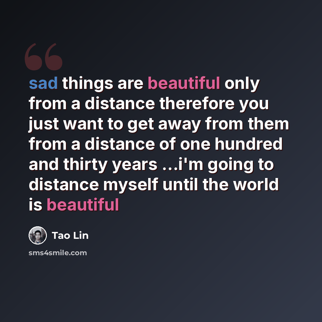 “sad things are beautiful only from a distance therefore you just want to get away from them from a distance of one hundred and thirty years …i'm going to distance myself until the world is beautiful” quote by Tao Lin
