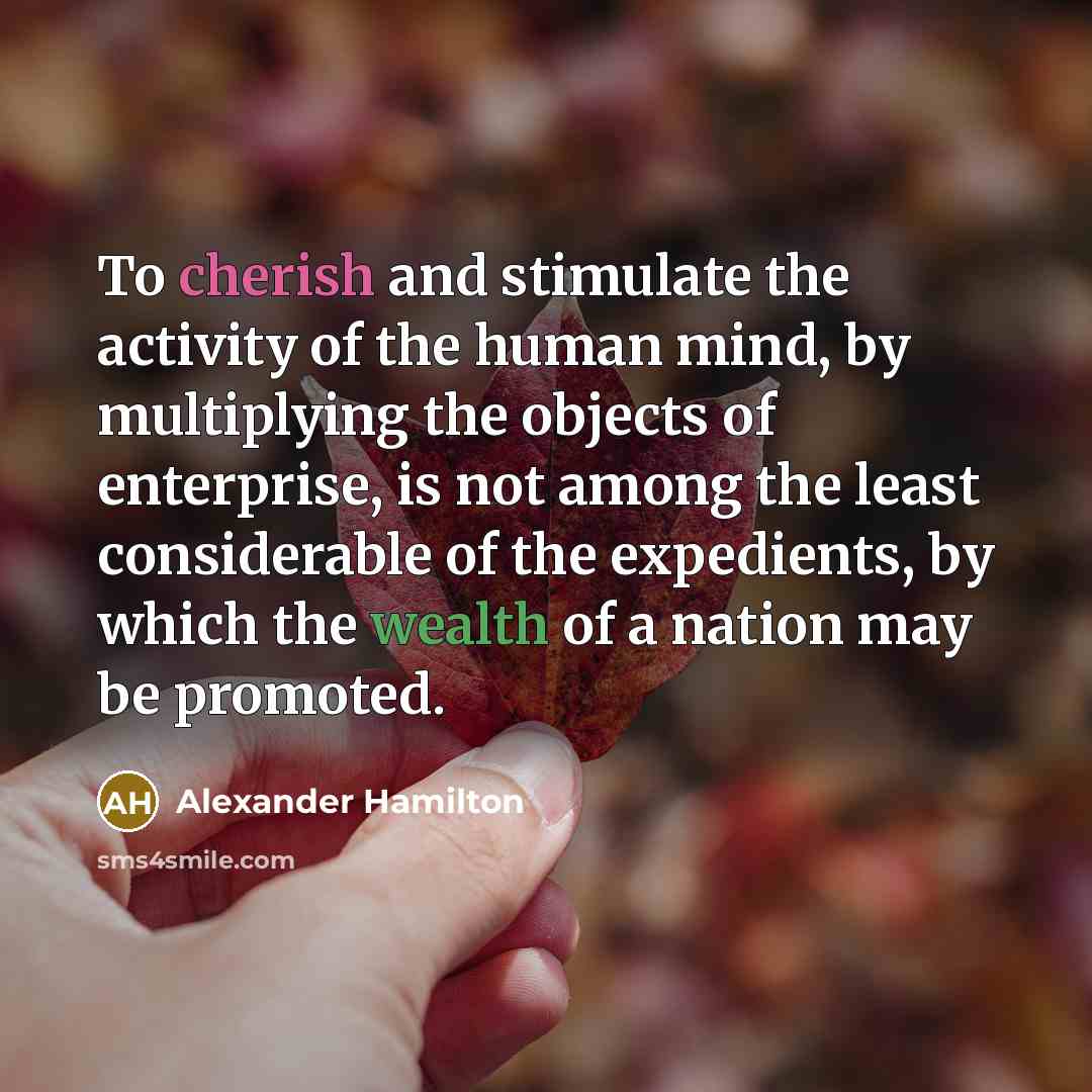 “To cherish and stimulate the activity of the human mind, by multiplying the objects of enterprise, is not among the least considerable of the expedients, by which the wealth of a nation may be promoted.” quote by Alexander Hamilton