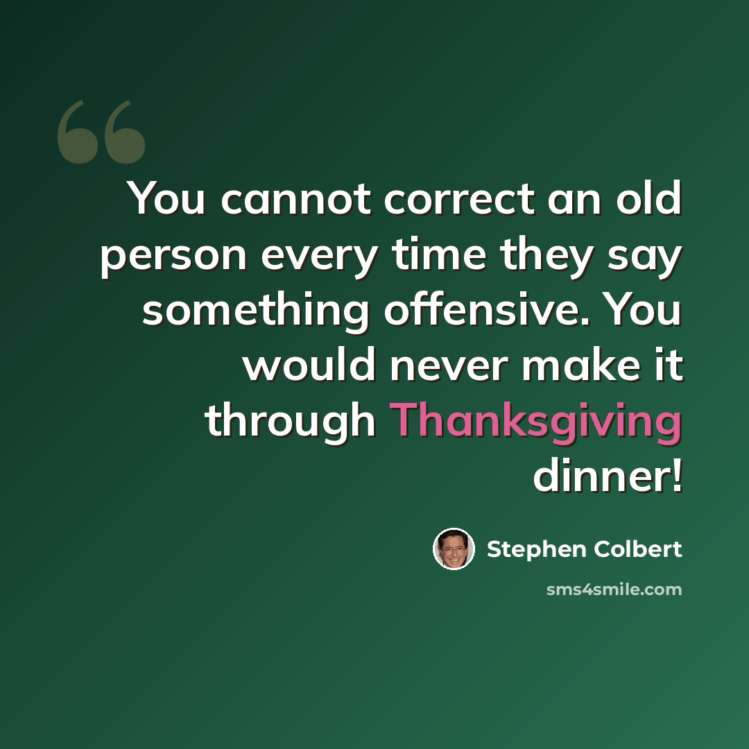 “You cannot correct an old person every time they say something offensive. You would never make it through Thanksgiving dinner!” quote by Stephen Colbert