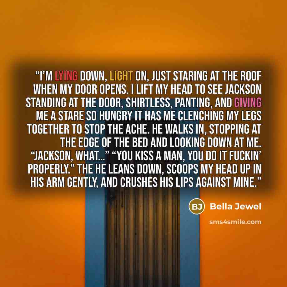 “I’m lying down, light on, just staring at the roof when my door opens. I lift my head to see Jackson standing at the door, shirtless, panting, and giving me a stare so hungry it has me clenching my legs together to stop the ache. He walks in, stopping at the edge of the bed and looking down at me…” quote by Bella Jewel