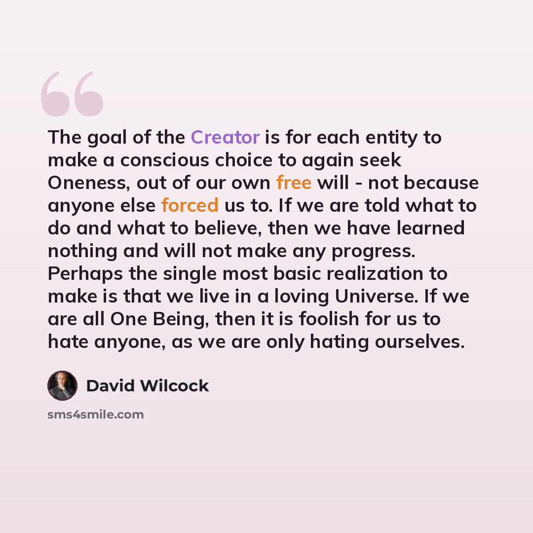 “The goal of the Creator is for each entity to make a conscious choice to again seek Oneness, out of our own free will - not because anyone else forced us to. If we are told what to do and what to believe, then we have learned nothing and will not make any progress. Perhaps the single most basic…” quote by David Wilcock