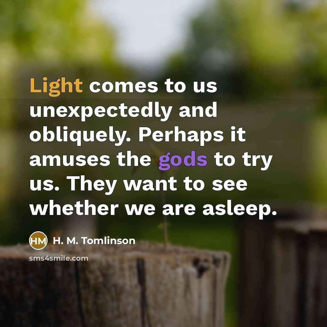 “Light comes to us unexpectedly and obliquely. Perhaps it amuses the gods to try us. They want to see whether we are asleep.” quote by H. M. Tomlinson