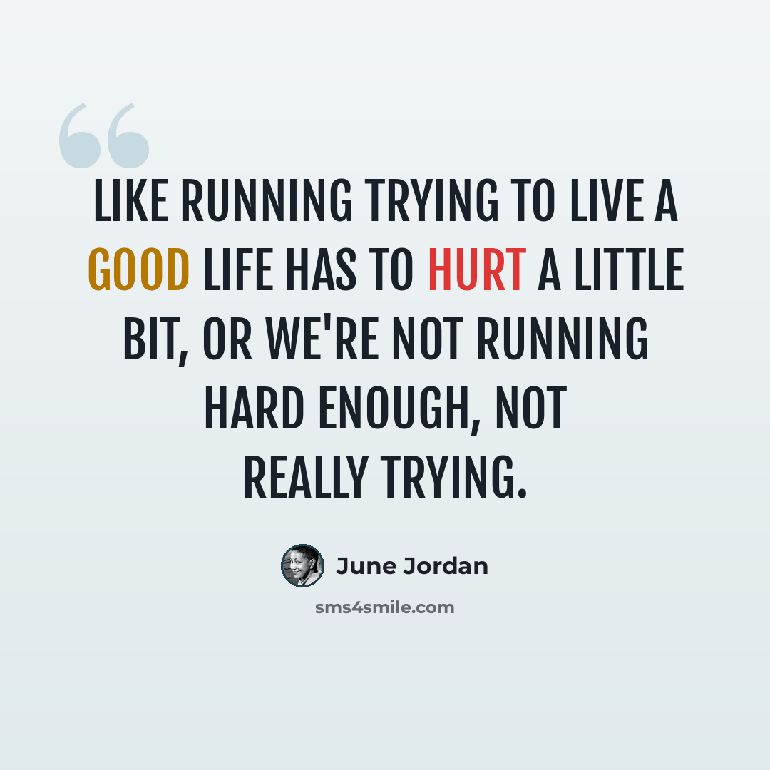 “Like running trying to live a good life has to hurt a little bit, or we're not running hard enough, not really trying.” quote by June Jordan