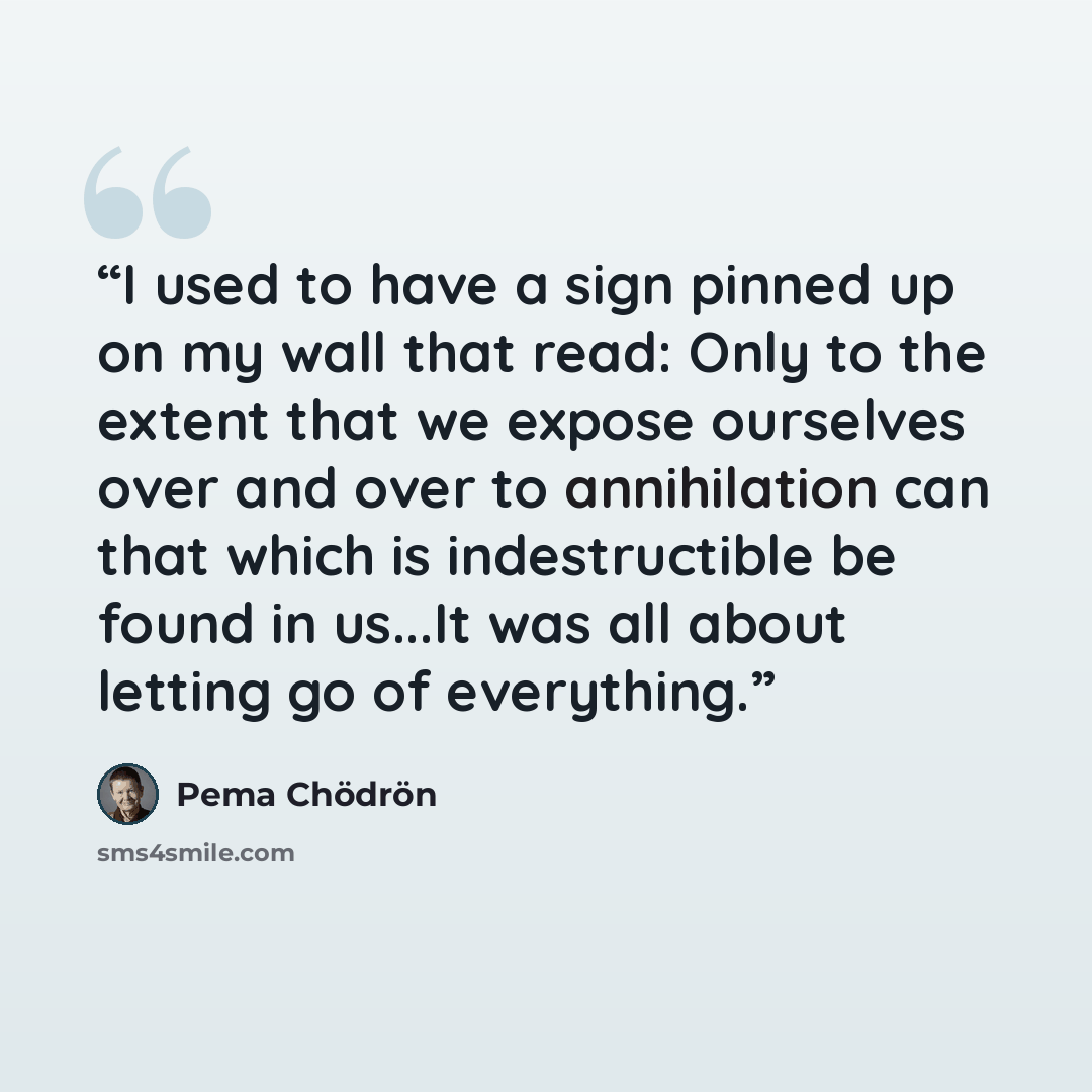 “I used to have a sign pinned up on my wall that read: Only to the extent that we expose ourselves over and over to annihilation can that which is indestructible be found in us...It was all about letting go of everything.” quote by Pema Chodron