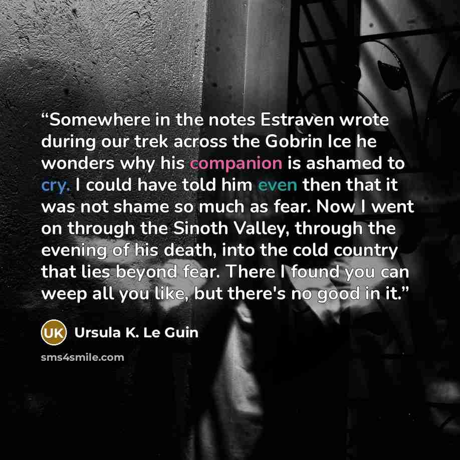 “Somewhere in the notes Estraven wrote during our trek across the Gobrin Ice he wonders why his companion is ashamed to cry. I could have told him even then that it was not shame so much as fear. Now I went on through the Sinoth Valley, through the evening of his death, into the cold country that…” quote by Ursula K. Le Guin